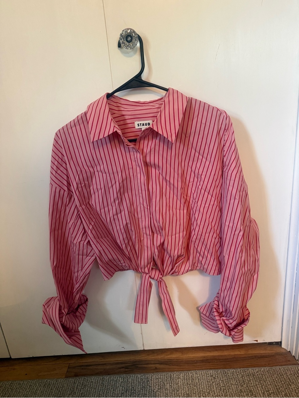 STAUD Pink Striped Tie-Front Button Down Shirt